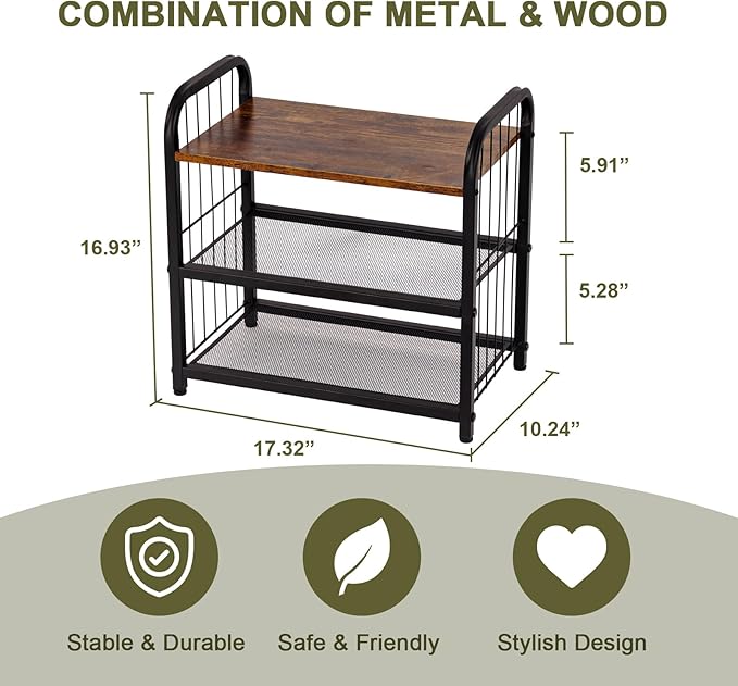BWOORACKU 3-Tier Shoe Rack with Guardrails, Heavy-Duty Metal Mesh Shelves & Rustic Wooden Top - Space-Saving Organizer for Closet, Entryway, and Hallway (Holds 1-2 Pairs/Shelf)