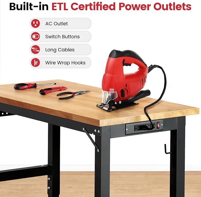 Work Bench with Wheels 48 x 20 Inch Heavy Duty Rubberwood Tabletop Garage Workbench Adjustable Height Work Table with Pegboard, Power Outlets for Woodworking Shop, Home, Office