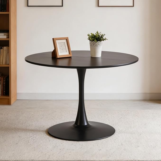 KEIKI 42.1" Round Dining Table, Mid Century Modern Bistro Table with Thickened MDF Tabletop & Metal Pedestal, for 4-6 People, Small Places, Cafe, Kitchen, Living Room, Black
