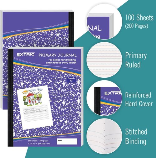 EXTRIC Primary Composition Notebook - 4 Pack K-2 Hardcover Journals for Kids | 200 Pages for Drawing & Writing
