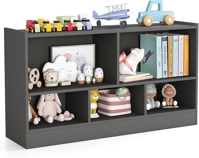 KOTEK Toy Storage Organizer, 5 Cubby Kids Bookshelf, Wooden 3-Tier Bookcase Storage Cabinet, Open Display Book Shelf for Daycare, Nursery, School Classroom, Playroom & Living Room (Grey, 5 Cubes)