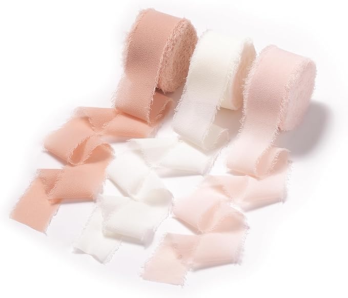 DORIS HOME Pink and Cream Chiffon Ribbon for Flower Bouquet, 1" x21Yd Fabric Ribbon for Gift Wrapping, Handmade Frayed Ribbon for Wedding Invitations/Christmas Decorations
