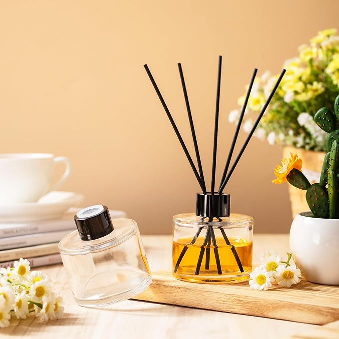 Chunful 2 Sets Reed Diffuser Bottle Empty Refillable Fragrance Glass Diffuser Bottles 100ml Round Glass Jars with Black Caps and Rattan Sticks for Living Room Home Replacement Fragrance DIY Decor