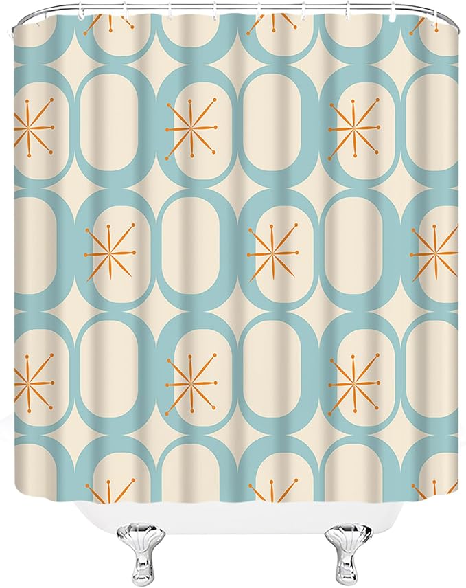 Mid Century Shower Curtain Modern Abstract Atomic Starbursts Squares Retro 50s Geometric Bathroom Decor Polyester Curtains with Hooks
