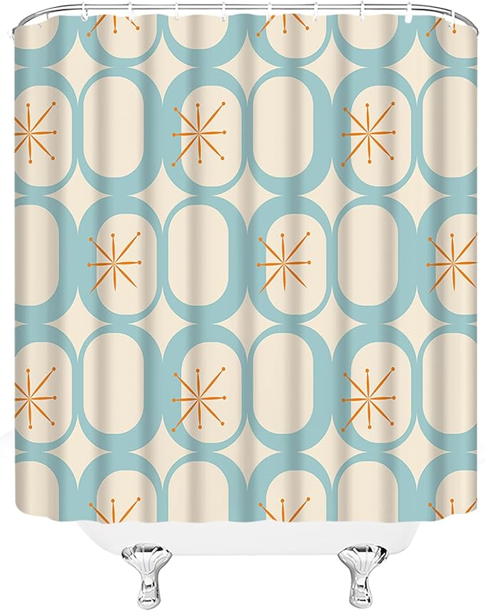 Mid Century Shower Curtain Modern Abstract Atomic Starbursts Squares Retro 50s Geometric Bathroom Decor Polyester Curtains with Hooks