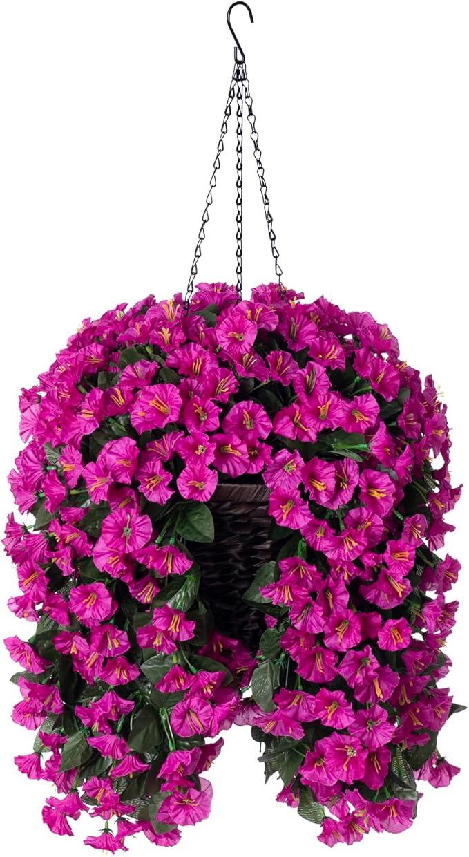 HyeFlora Artificial Fake Hanging Flowers Plants Baskets for Outdoor Outside Decoration, Faux Silk UV Resistant Realistic Fuchsia Morning Glory Planter for Home Porch Patio Balcony Garden Yard