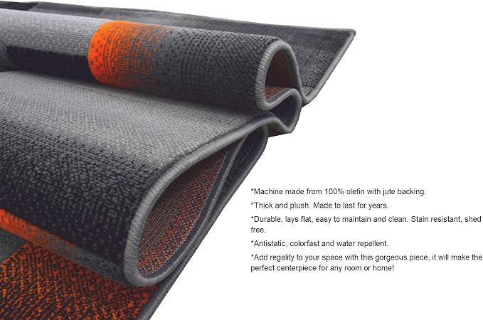 HR 5’ x 7’ Rug in Electric Orange - Premium Quality Orange/Black/Gray Abstract Geometric Modern Squares Pattern Area Rug - Contemporary Styling for Living Room, Bedroom - Unique Home Decor