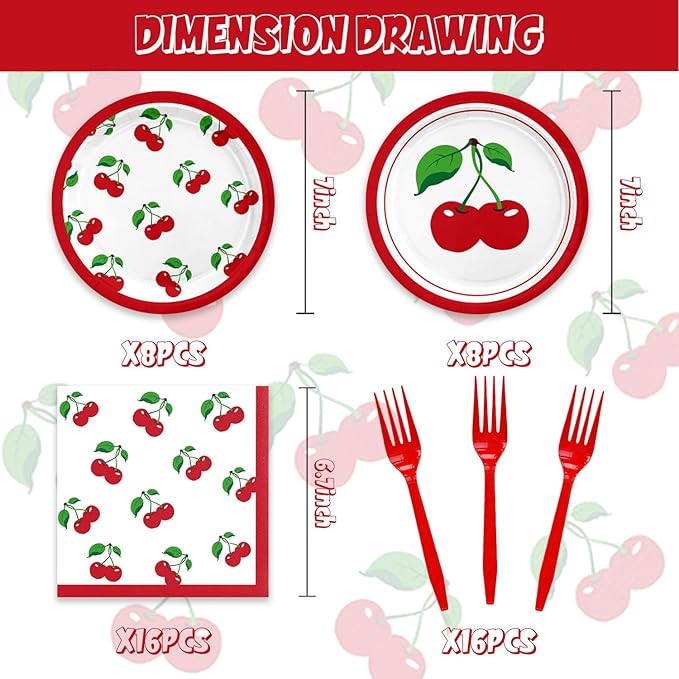 48PCS Cherry Birthday Party Decorations Cherry Themed Party Supplies Include Plates Napkins Forks for 16 Guests