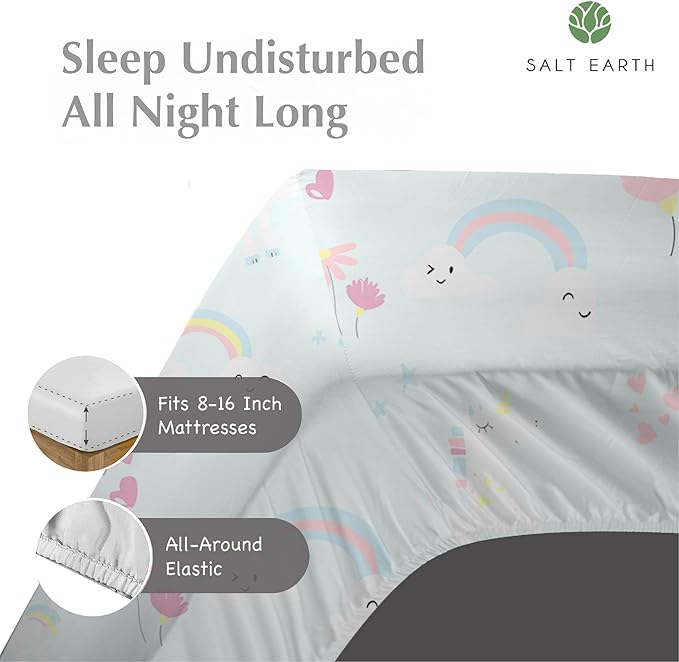 Salt Earth 100% Cotton 210TC Kids Bedsheet, Twin Fitted Sheet, Toddler Bed, 2 Piece Bedding Set- 1 Fitted Sheet and 1 Pillowcase, Themed Toddler Bed Sheets, Cute Sheets for Kids Bed (Unicorn)
