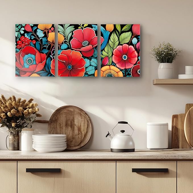 Abstract Colorful Floral Canvas Pictures Boho Wall Art Watercolor Flower Palnt Posters Bathroom Wall Decor Plant Flowers Paintings Framed rtwork for Bedroom Living Room Home Decoration 12x16 3 pcs