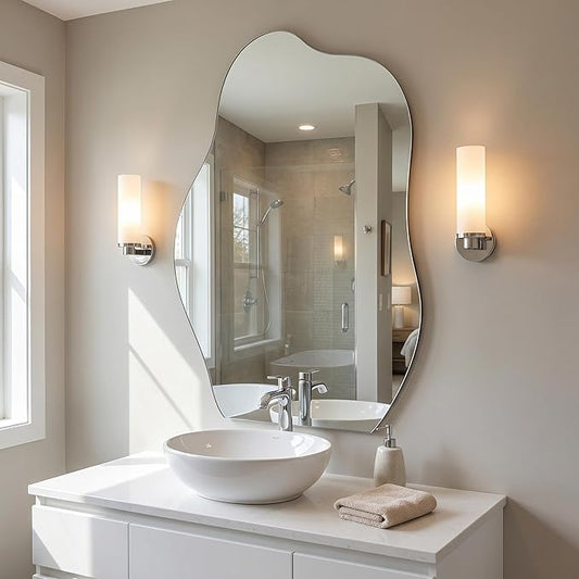 BEAUTYPEAK Asymmetrical Mirror, 26 x 40 Inches Irregular Wall Mirror, Wood Frame Unique Shape Wall Mounted, Decorative for Living Room Bedroom Entryway Hallway