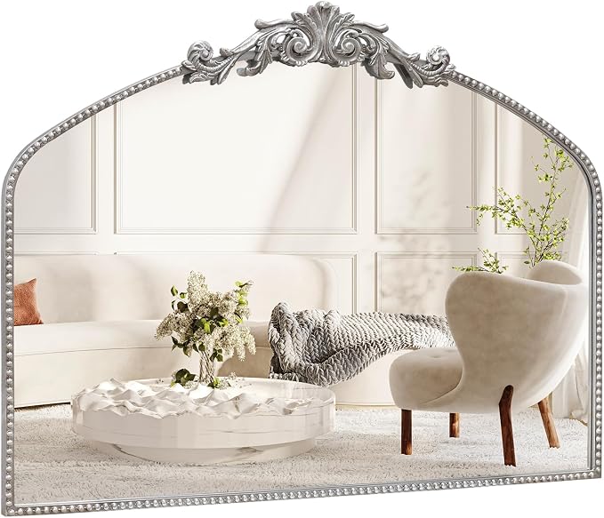 Antique Silver Arch Wall Mirror, 40"x30" Vintage Mantel Mirror with Ornate Metal Frame, Baroque Home Decor for Fireplace/Entryway/Bathroom/Living Room/Hallway