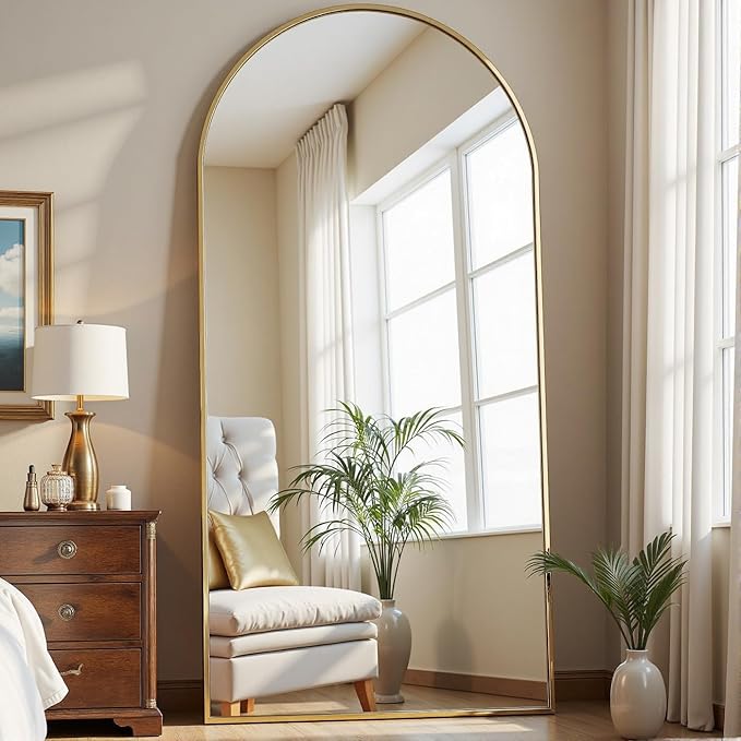 Dewfig 71"X26" Arched Full Length Mirror, Free Standing Leaning or Wall-Mounted Mirror, Aluminum Frame Modern Mirrors for Living Room, Bedroom, Cloakroom, Gold