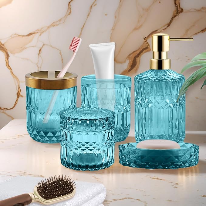 5Pcs Cyan Bathroom Accessories Set, Glass Bathroom Accessories, Vintage Bathroom Countertop Decoration Includes Soap Dispenser, Toothbrush Holder, Qtip Holder,Soap Dish and Rinsing Cup