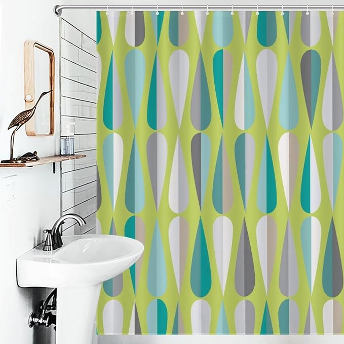 Mid Century Modern Shower Curtain,Abstract Geometric Drop Shapes Art Style Shower Curtains Set for Bathroom Fabric Decorative Bath Curtain Washable Curtain Hooks, 72x72 inch