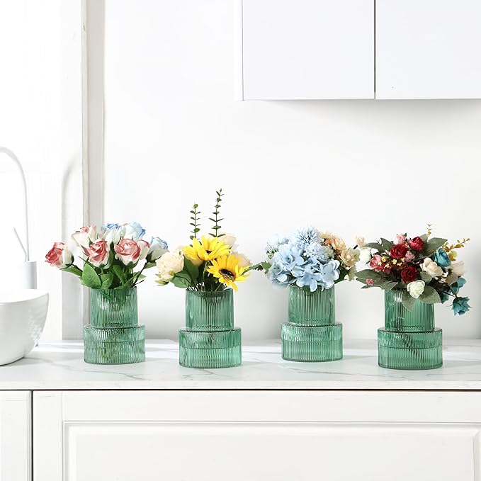Ribbed Glass Vases, Set of 4 Small Vases for Flowers, Green Glass Vase for Tulips, Modern Vase for Living Room, Kitchen, Office, Entryway, Bookshelf, Wedding Gifts, Birthday, 6 Inches