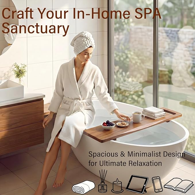 Acacia Wood Bathtub Tray Caddy for Freestanding Tub, 39" L with Handles Adjustable Bath Tray for Tub, Luxury Spa Bathroom Tray Organizer Table, Bath Tub Accessories for Women, Housewarming Gifts