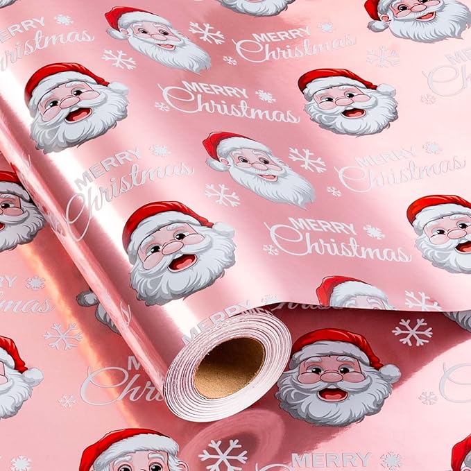 MAYPLUSS Pink Christmas Wrapping Paper Roll - 17IN X 33FT - Santa Claus Gift Wrapping Paper Featuring Merry Christmas Snowflake Reversible HO for Kids, Holiday, New Year