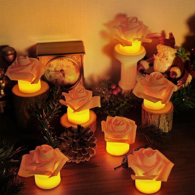 12 Pack Led Candles with Artificial Flowers, 200+Hour Battery Operated Tea Lights Candles for Centerpiece Table, Party, Wedding Decorations (Pink)
