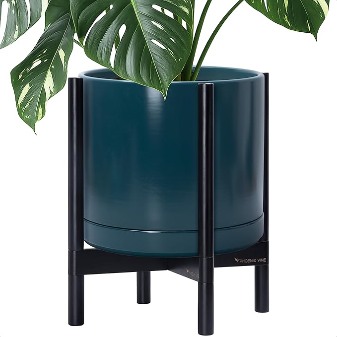D'vine Dev Ceramic Planter with Ebony Stand - 14 Inch Modern Round Flower Pot with Wood Planter Holder, Teal, 55-B-S-4
