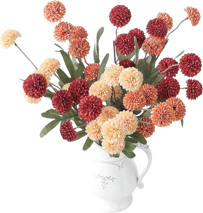 Floroom 9pcs Dark Red Burnt Orange Mix Faux Silk Mums Artificial Flowers, Bulk Fake Small Mini Chrysanthemums with Stems for DIY Wedding Centerpieces Floral Arrangements Vase Fillers Home Decorations