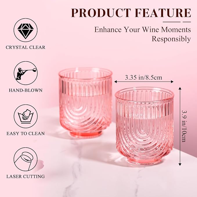 Pink Vintage Drinking Glasses Set of 6-15oz Hand-Blown Highball Ribbed Glassware, Arch Design Cocktail Glasses for Whiskey Water Beverages Ice Coffee Juice Milk