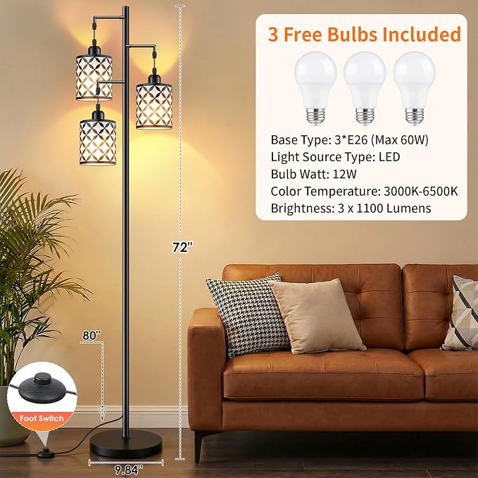 Dimmable Floor Lamp, Farmhouse Standing Lamp with Elegant Metal Cage, Industrial Tall Tree Floor Lamps for Living Room, Bedroom, Study Room, Office, 3 x 1100LM LED Bulbs Included, 72",Black