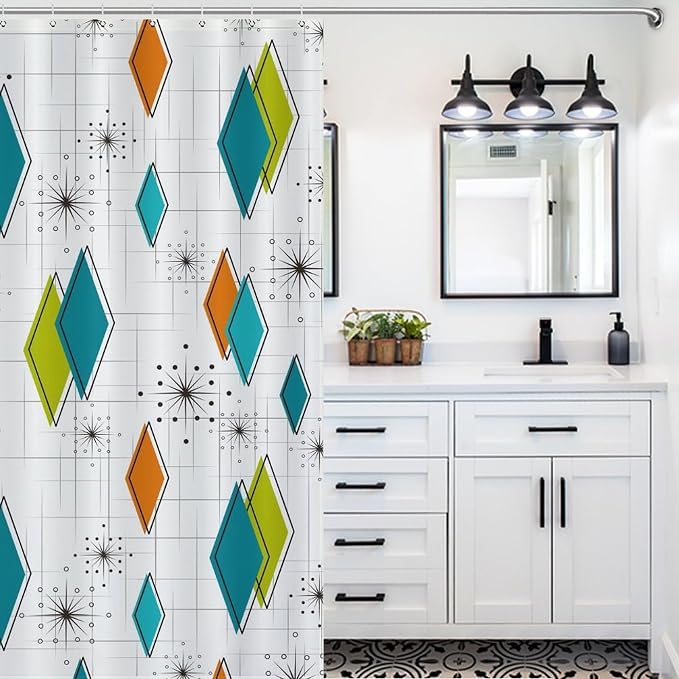 Mid Century Modern Shower Curtain,Abstract Atomic Starburst Geometric Diamond Pattern Shower Curtains Set for Bathroom Fabric Decorative Bath Curtain Washable Curtain Hooks, 72x72 in