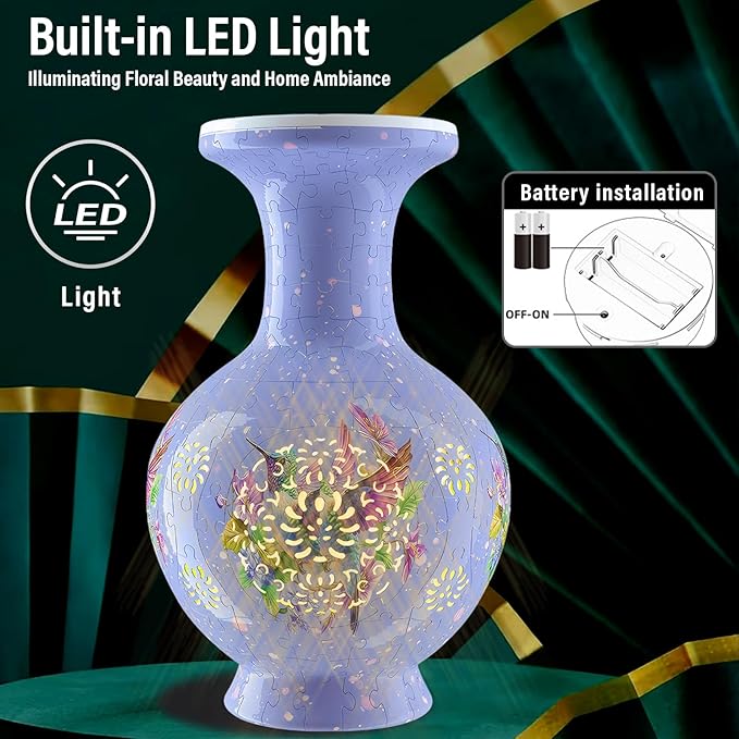 3D Puzzle Vase for Adults, 200 Curved Pieces DIY LED Vase, Unique Craft Kit for Home Decoration, Creative Hobby Gift for Women, Ideal Housewarming & Birthday Gifts (Lavender Bloom Pattern)