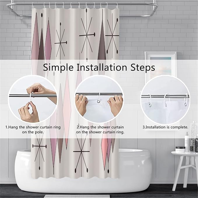Mid Century Shower Curtain Vintage Abstract Pink Brown Diamond Geometric Atomic Starburst Pattern for 1950s Retro Bathroom Decor Accessories Shower Curtain Set with 12 Hooks, 72x78 Inches