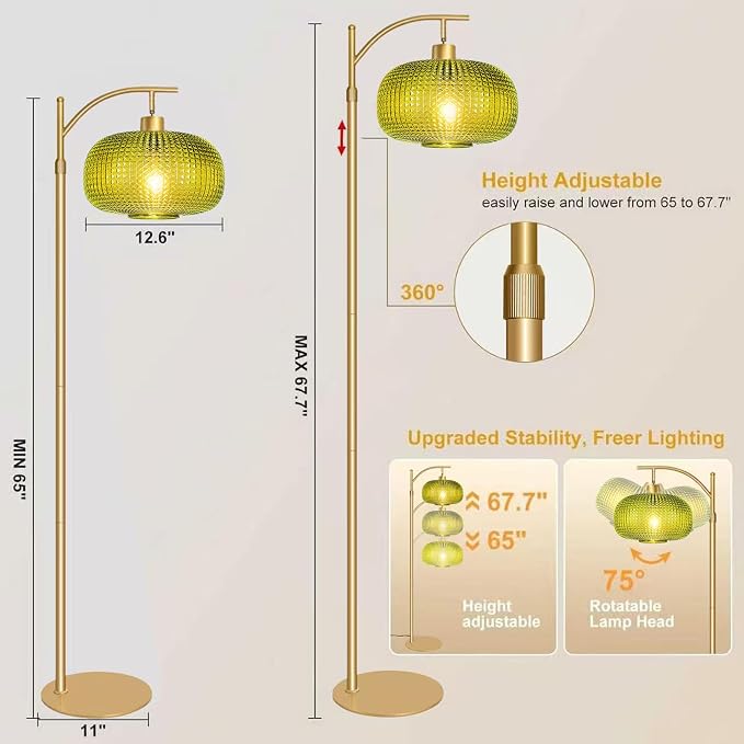 Glass Floor Lamp for Living Room, Modern Standing Lamp for Bedroom, Dimmable Tall Lamp with Shade, Remote,12W LED Bulb Included (Gold+Green)
