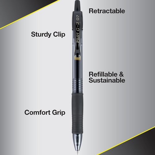 Pilot G2 Gel Roller Pens - Smooth Writing Fine Point 0.7mm - Black Ink, Pack of 5