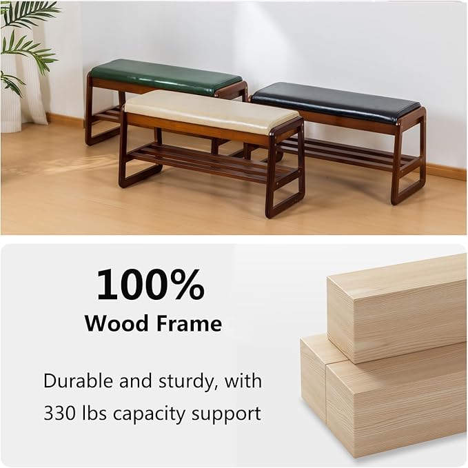 SOBIBO Solid Wood Shoe Bench, 2-Tier Entryway Bench with Cushion and Flip-Open Storage Box, Mid-Century Modern Shoe Bench Rack for Hallway, Mudroom(Green, 21.65'')