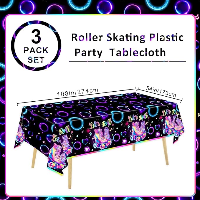 3 Pack Roller Skating Tablecloths, Roller Skating Party Decorations, Let’s Roll Tablecloth for Roller Skate Birthday Party Decorations, 54 x 108 Inch