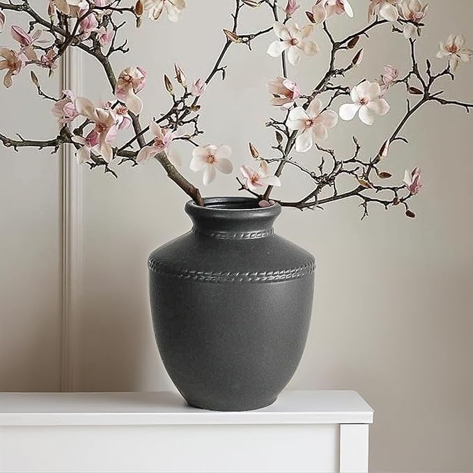 Farmhouse Ceramic Vase for Living Room Bedroom Black 7.45'' Flower Bouquet Vase for Fake Plant Home Decor Office Fireplace Centerpieces Rustic Retro Vintage Modern Gift Decoration