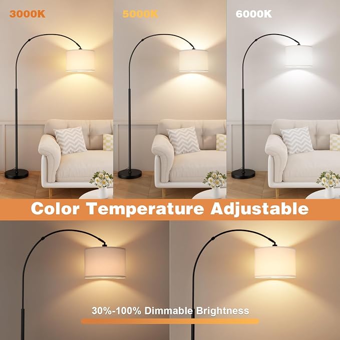 Ambimall Dimmable Arc Floor Lamp with Remote, Color Temperatures and Brightness Adjustable, Arched Floor Lamp with Rotating Head, Over Couch Arched Reading Light for Living Room (White and Black)