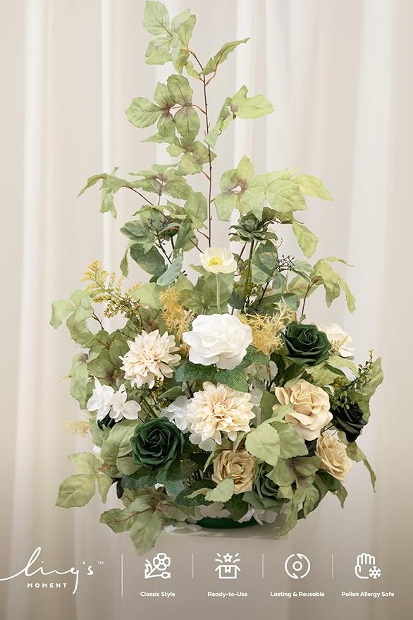 Ling's moment 41" Tall Free Standing Artificial Flowers Arrangements 2 pcs Wedding Arch Altar Stage Decorations Emerald & Tawny Beige Ceremony Reception Rose Fake Floral Party Centerpieces Decor