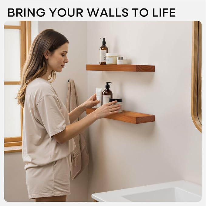 Homeforia 12 inch Oak Floating Shelf, High End Solid Real Wood 12inch Small Floating Shelves for Wall Mounted, Honey Oak Wooden 12in Floating Shelves, Heavy Duty Bracket, 12 X 6.5 X 1.75 in, Set of 2