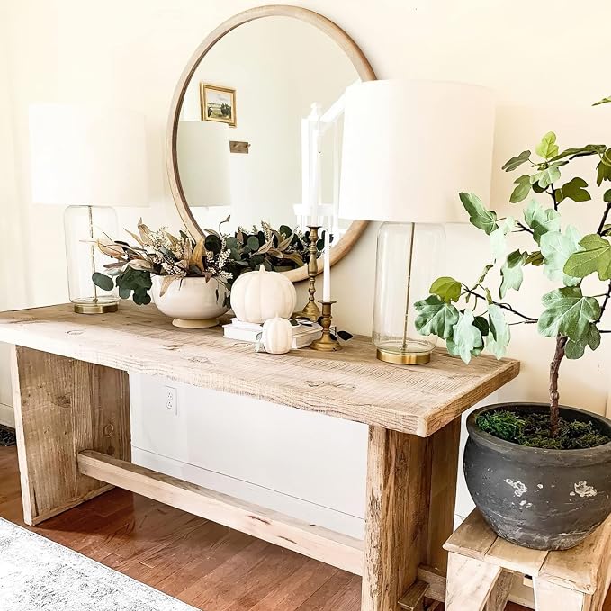 Round Wood Mirror,36 inch Circle Wooden Natural Large Farmhouse Vanity Boho Decor Wall Mirror for Bathroom Bedroom Living Room Hallway