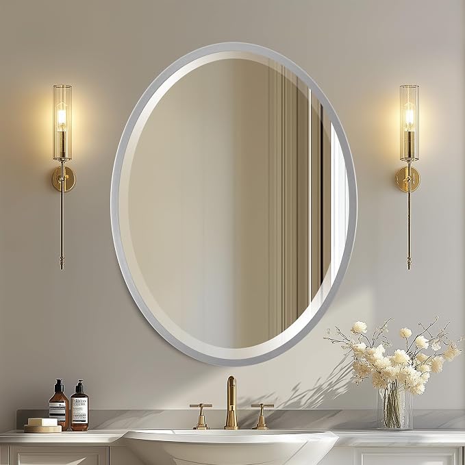 OVALCREST - Oval Wooden Beveled Wall Mirror for Home Decor, Bathroom, Vanity, Bedroom, Living Room, Hallway - London Style (Silver Spray) 17.1 x 13.1