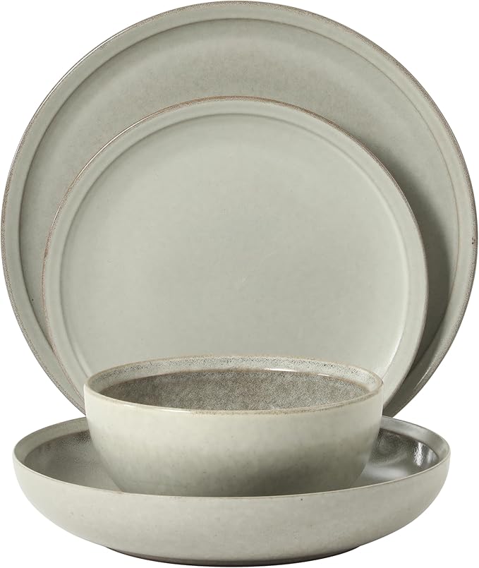 Gibson Elite Beckett Stoneware Matte Reactive Glaze 16 Piece (Service for 4) Plates and Bowls Dinnerware Set - Ash White