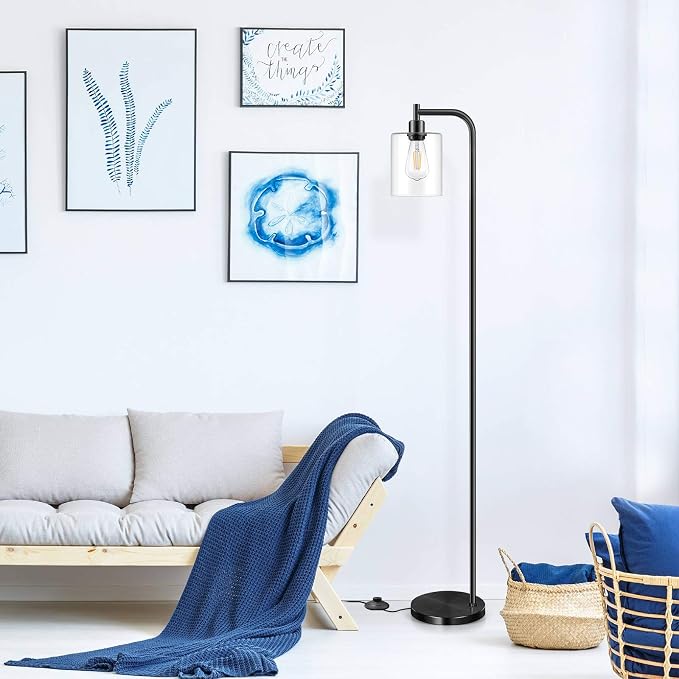 Bosceos Industrial Floor Lamp with Hanging Glass Shade Black Farmhouse Indoor Pole Light with Edison E26 Base Vintage Rustic Standing Tall Lighting for Living Room Bedroom Office(ST64 Bulb Included)