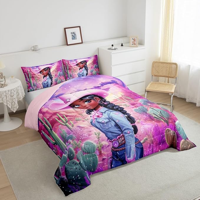 Western Cowgirl Comforter Set Queen Size,Reversible African Style Cute Girl Print Black Bedding Set for Women Adult,Dreamy Stars Purple Galaxy Sparkling Luxury Bed Duvet Insert, 2 Pillowcases
