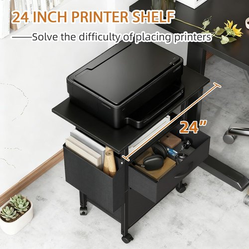 GYIIYUO 2 Drawer File Cabinet - Mobile Rolling Filing Cabinet with Extended Desktop & Side Bag - Black