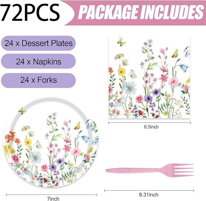 72 Pcs Wildflower Paper Plates and Napkins Party Supplies, Floral Party Plates and Napkins Tableware Set for Spring Summer Picnic Wedding Birthday Baby Shower Tea Party Decorations Serves 24