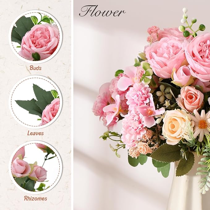 Zeyune 12 Bundles Artificial Peonies Flowers Artificial Silk Rose Faux Dahlia Fake Chamomile Hydrangea Bouquet Bulk for Vase Home Wedding Centerpiece Party Decoration(Blush Pink,Sweet)