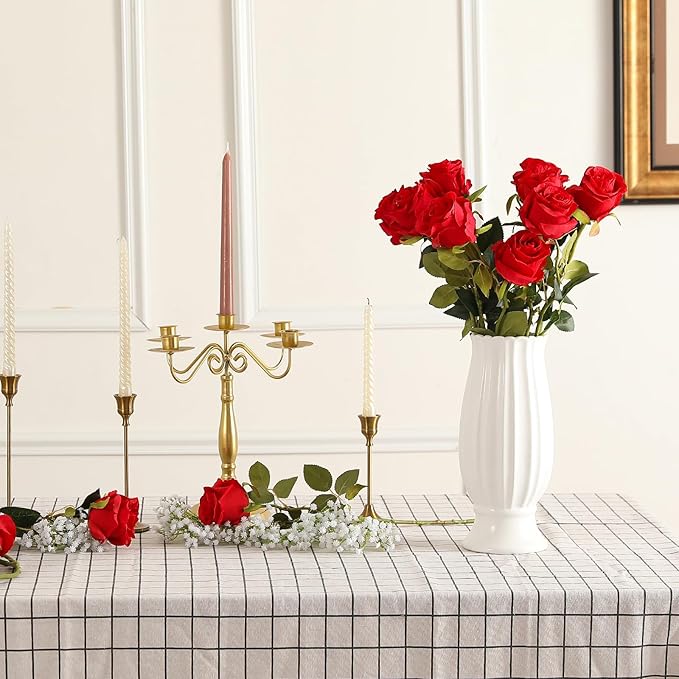 Kisflower 8 Pcs Red Roses Artificial Flowers with Stems Silk Roses Fake Rose Realistic Flower Bouquet for Wedding Party Office Home Decor (Red)