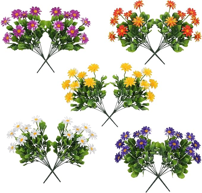 LOGOFUN 10pcs Artificial Chrysanthemum Daisy Bouquet Faux Plastic Flowers for Home Garden Decor