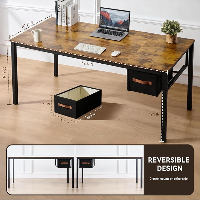 Computer Desk with Drawer, 63 Inch Large Home Office Work Desks, Modern Writing Study PC Desk Gaming Table for Bedroom Home, Stable Thick Metal Legs Frame Support （Rustic Brown）