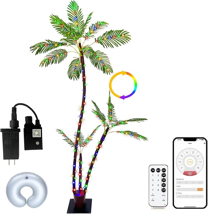 6FT Lighted Artificial Palm Tree with Three Trunks and 212 LED Lights with Remote Control and App Waterproof for Tiki Bars, Patios,Beaches,Yards Pool, Cruise Party-Warm White to Multicolor